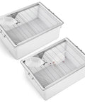 Heavy Duty Two Pack Lab Mouse Breeding Cages Spacious Plastic Rodent Housing with water bottles and mesh lids.