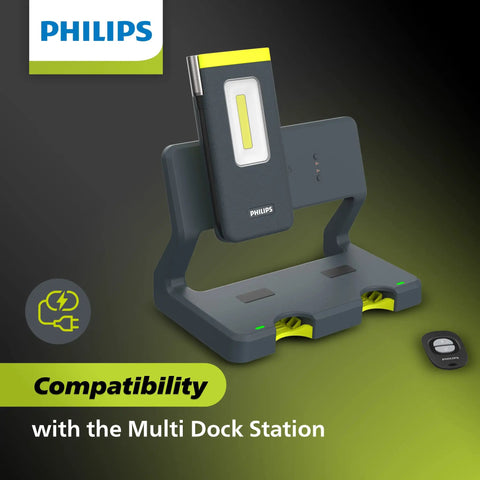 Xperion 6000 Pocket LED Work Light With Gooseneck Spotlight on charging dock, magnetic base and IP65 durable design
