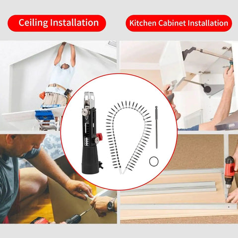 Heavy Duty Aluminum Screw Drill Chain Adapter Makes Your Daily Drill A Badass Automatic Nail Gun For Chill Weekend Renovations And Reliable Carpentry Work in use for ceiling and kitchen cabinet installations.