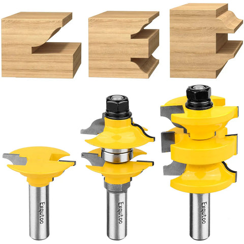 Three Piece One Half Inch Shank Router Extension Tenon Drill Bit Set For Entry Door Rails And Door Frames With Hardened Steel Body And YG10 Carbide Inserts For Precise Wood Milling And Door Construction For Pros And DIYers showing bits and wood joints.