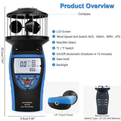 Handheld Cup Anemometer With Compass, 93 MPH Digital Wind Speed Meter, 360 Degree Wind Direction, CFM Air Flow Readout, Wind Velocity Gauges For Outdoor Sailing, Surfing, Drone Flying And HVAC, 20.2cm
