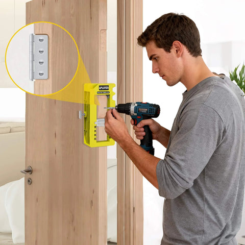All In One Door Hinge Jig For 3 To 5 Inch Hinges With Square And Radius Corners Pro Grade Door Mortise Template Yellow in use