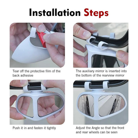 Installation steps for Badass Dual Wing Blind Spot Mirrors For Tesla Cybertruck 2023 detailing adhesive removal and mirror adjustment.