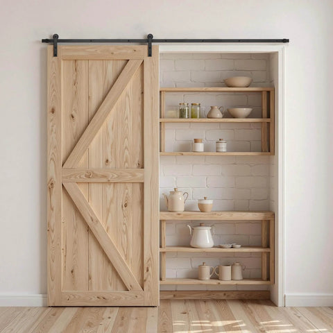10 Foot Sliding Barn Door Hardware Kit For 60 Inch Wide Doors, 330 Lbs Capacity installed on wooden barn door