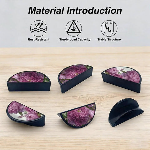 2 Pack Botanical Peony Cabinet Handles in Black 3 Inch Hole Center Semicircle Drawer Pulls with floral design on display