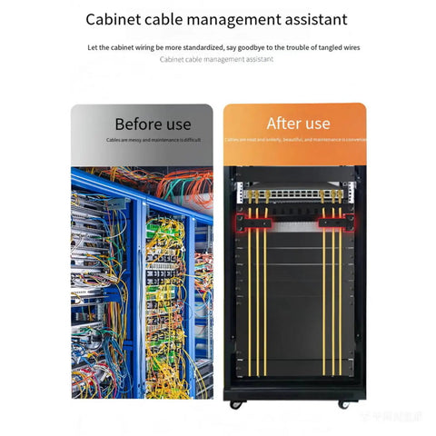 Before and after image of Heavy Duty Steel Vertical Cable Management Brackets For 19 Inch Server Rack, showcasing neat wire organization.
