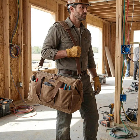 Heavy Duty 18 Inch Waxed Canvas Tool Bag With 12 Spacious Pockets Large Zippered Organizer Built Tough For The Daily Grind Soft Grip Handle Portable Workhorse For Tradesmen