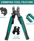 All In One Wire Crimping Tool for 10 22 AWG Insulated and Bare Wires and Heat Shrink, ergonomic handle, safety lock, detailed features