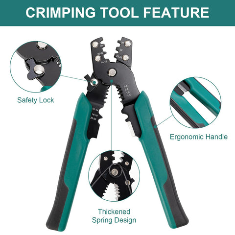 All In One Wire Crimping Tool for 10 22 AWG Insulated and Bare Wires and Heat Shrink, ergonomic handle, safety lock, detailed features