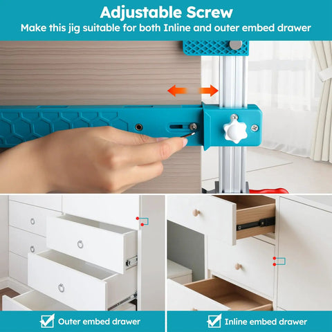 Heavy Workhorse Drawer Slide Jig With Toggle Clamp And Magnetic Arm For Slick Cabinet Alignment Quick Setup Woodworking Guide, adjustable screw for inline and outer embed drawers.
