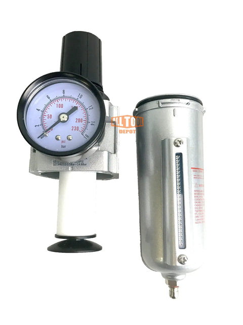 Heavy Duty Three Quarter Inch NPT In Line Air Filter Regulator Combo with Metal Bowl and Manual Drain gauge view