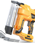 Built Damn Tough 18 Gauge Cordless Brad Nailer Runs Smooth With Dewalt 20V Batteries showing nail and staple gun design with staples.