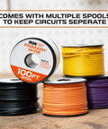 Six Color 12 Gauge Automotive Wire Bulk Kit 600 Ft Total On 100 Ft Reels Copper Clad Aluminum, spools in various colors.
