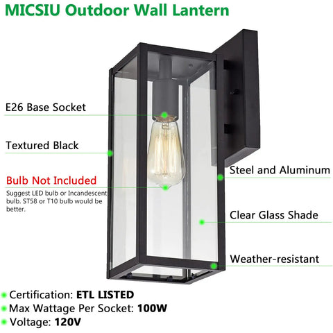 2 Pack Outdoor Wall Light Fixtures with Clear Glass Sconces and Textured Black Weatherproof Iron ETL Listed Modern Farmhouse Lantern