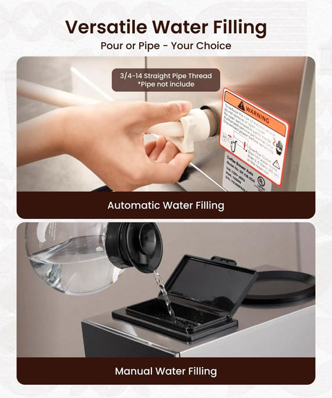 Automatic and manual water filling options for Heavy Duty 12 Cup Pour Over Coffee Maker With Three Lower Warmers Stainless Steel Commercial Brewer For Offices And Cafes Plug And Play Operation Glass Carafe Not Included