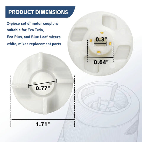 Motor Coupler For Eco Plus, Eco Twin, And Blue Leaf Mixers 2 Pack Replacement Part, Top Teeth Adapter For Mixer Jar, Compatible With Chef Pro Plus, white plastic dimensions graphic