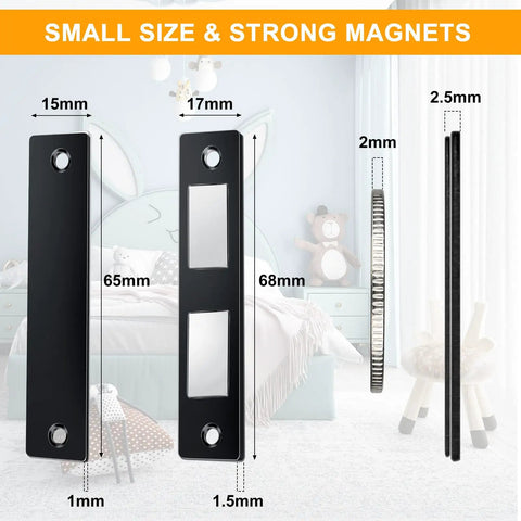 Ultra Thin Magnetic Catch For Cabinets Pack Of 8, black finish, dimensions shown, small size and strong magnets for doors.