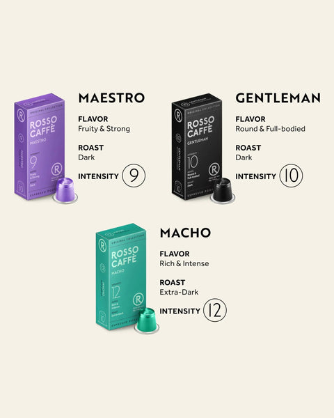 Intense 120 Count Espresso Pods For Nespresso Original Machines Pack Of Bold Dark Roast Blends With Rich Crema And Full Bodied Cafe Flavor Three Premium Flavors Intensities 9 To 12 For Real, showing three flavor boxes, Maestro, Gentleman, Macho.