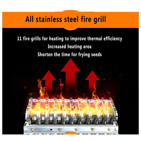 Heavy Duty 2500W Coffee Bean Roaster and 25L Nut Roasting Machine with Adjustable Temperature, stainless steel fire grill design.