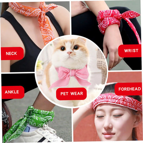 Five Pack Water Activated Cooling Neck Wrap Bandanas Instant Ice Cold Scarf For Hot Summer Days Perfect For Camping Beach Travel Or Outdoor Fun Long Lasting Relief Reusable And Easy To Use in various uses on neck, wrist, forehead, ankle, and pet wear