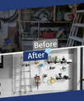 Garage before and after using Sixteen Pack Heavy Duty Tubular Slatwall Shelf Brackets With Lip For Garage Retail And Home Storage