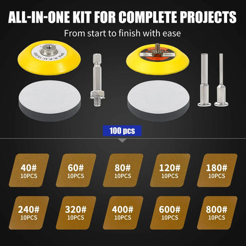 3 Inch Gold Sanding Discs Set For Drill Attachment, Hook And Loop Sander Kit With 40 60 80 120 180 240 320 400 600 800 Grit