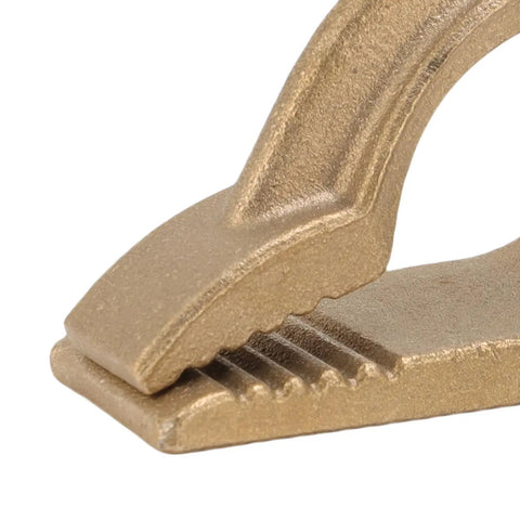 Heavy Duty Brass Shaped Welding Ground Clamp 300 Amp For Shipyard Auto Jobs With Super Grip Earth Cable Clip, close-up view.