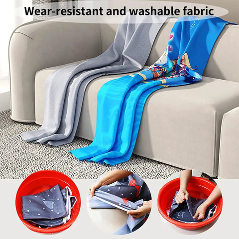 Foldable Clothes Rack With Storage Shelves Canvas Cover Portable Wardrobe Closet on a sofa with colorful wear-resistant fabric.