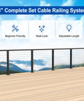 Surface Mount Cable Railing Kit With Black T316 Stainless Steel Rope Flat Top Posts And Swageless Fittings For Straight Up Solid Deck Guardrails No Sweat Heavy Duty DIY Installation with 36 inch railing system.