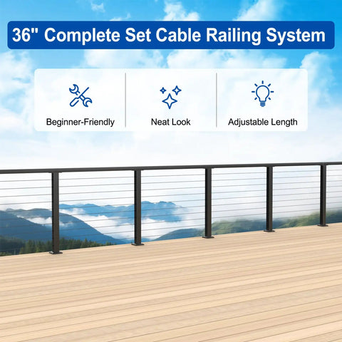 Surface Mount Cable Railing Kit With Black T316 Stainless Steel Rope Flat Top Posts And Swageless Fittings For Straight Up Solid Deck Guardrails No Sweat Heavy Duty DIY Installation with 36 inch railing system.