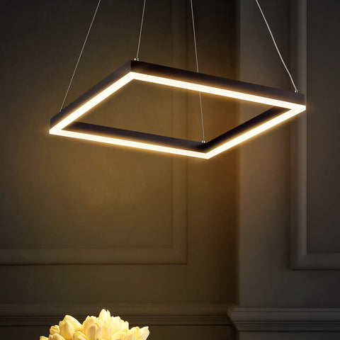 Black 15.75 Inch Modern Square Integrated LED Pendant Light Fixture, Dope Dimmable Metal Hanging Chandelier showcased over flowers.