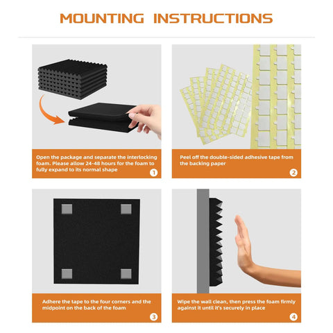 Mounting instructions for 54 Pack Bangin Sound Proof Foam Panels 12x12x1 Inch Quick Recovery Wall Panels with adhesive stickers.