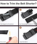 Guide for adjusting black nylon tactical belt with ratchet buckle showing trimming, sealing, and assembly steps.