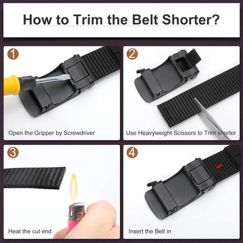 Guide for adjusting black nylon tactical belt with ratchet buckle showing trimming, sealing, and assembly steps.