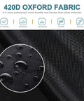 Close-up of black 420D Oxford fabric showcasing waterproof properties with water droplets, highlighting durability.