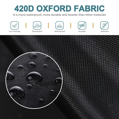 Close-up of black 420D Oxford fabric showcasing waterproof properties with water droplets, highlighting durability.