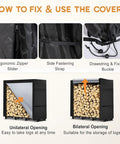 Instructions for using cover on 4ft Outdoor Firewood Rack With Waterproof Cover, Heavy Duty Wood Holder, Powder Coated Rack With Hooks.