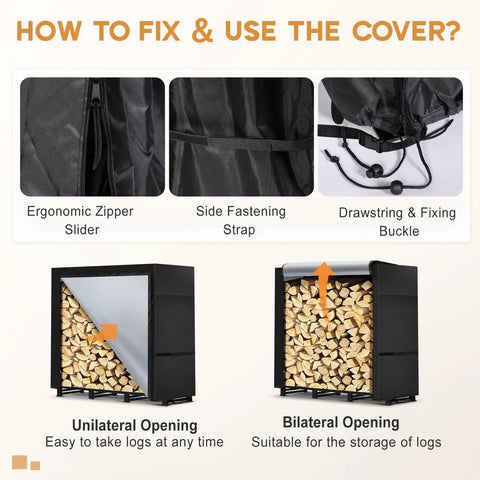 Instructions for using cover on 4ft Outdoor Firewood Rack With Waterproof Cover, Heavy Duty Wood Holder, Powder Coated Rack With Hooks.