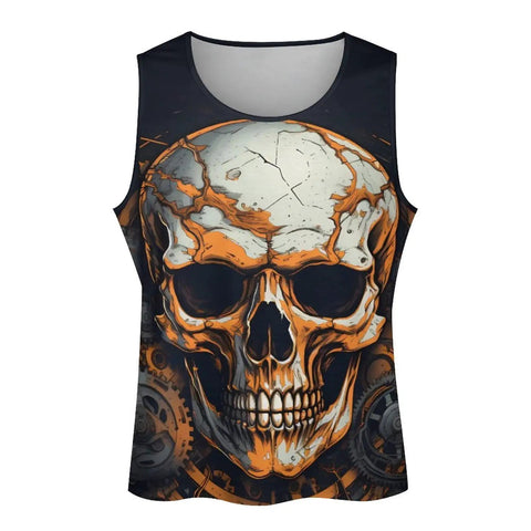 Mens Metal Gear Skull Graphic Tank Top Quick Dry Cotton Sleeveless Muscle Tee showing front skull design, large size.