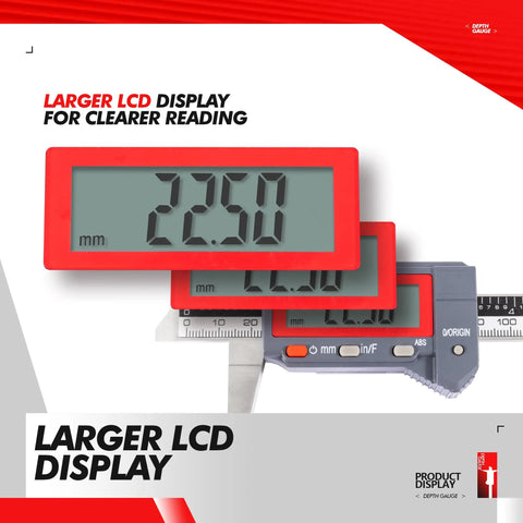 Absolute Digital Depth Caliper 0-150mm 0-6in No Zero Reset Pro Grade Digital Depth Gauge For Machining, 0.02mm Precision And 0.01mm Resolution, Reliable Readings And Repeatable Depth Measurements For Machinists. Large LCD display digital depth gauge showing 22.50 mm
