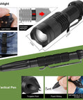 Flashlight and tactical pen with measurements from 17 In 1 Emergency Survival Kit With Waterproof Storage Box All In One Gear for outdoor use