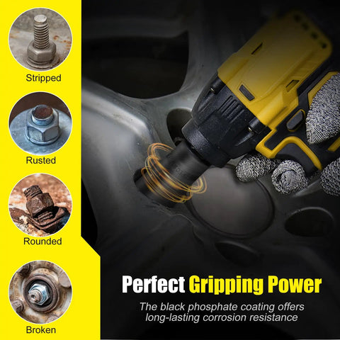 Beast Mode Lug Nut Extractor Set for stripped bolts showing usage on a corroded wheel with deep extractor tool.