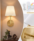 Wireless Rechargeable Wall Sconce Set Of Two Featuring Smart Remote Control Zero Wire Drama Totally Hassle Free Install And Super Versatile Mood Lighting For Any Bedroom Or Hallway, gold finish with fabric shade.