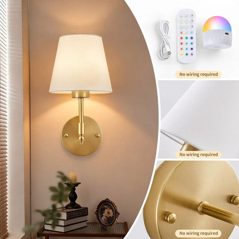 Wireless Rechargeable Wall Sconce Set Of Two Featuring Smart Remote Control Zero Wire Drama Totally Hassle Free Install And Super Versatile Mood Lighting For Any Bedroom Or Hallway, gold finish with fabric shade.
