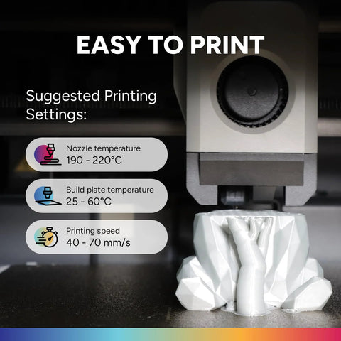 Front view of a 3D printer nozzle printing a white model; Overture PLA Plus 1.75mm filament