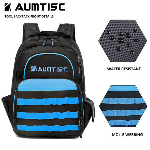 Front view of Super Tough Rugged Heavy Duty Tool Bag Backpack For Men With Massive Storage 49 Pockets, water-resistant features shown.
