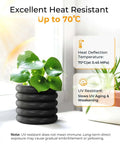 Plant in black coiled pot with text detailing heat resistance up to 70°C and UV protection benefits in bright sunlight