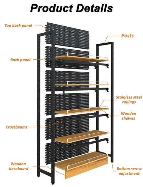 Built Tough Heavy Duty Double Sided Gondola Shelving Unit Commercial Retail Display Rack Adjustable Steel Frame With Wood Shelves Kickback Guardrail Pegboard Backing Pro Shop Ready Setup
