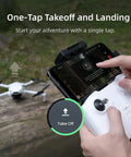 Top Of The Line Mini Drone With Camera Cranking 4K 60fps Smooth Videos And 8K Ultra-Clear Photos Plus Includes 256GB Micro SD Card And Extra Batteries For Insane Flight Time On Your Next Epic Adventure, showing one-tap takeoff feature on remote.