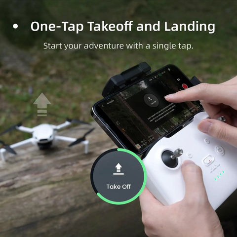 Top Of The Line Mini Drone With Camera Cranking 4K 60fps Smooth Videos And 8K Ultra-Clear Photos Plus Includes 256GB Micro SD Card And Extra Batteries For Insane Flight Time On Your Next Epic Adventure, showing one-tap takeoff feature on remote.